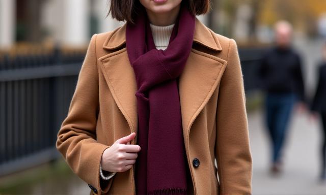 A model wearing a sophisticated autumn coat and scarf.